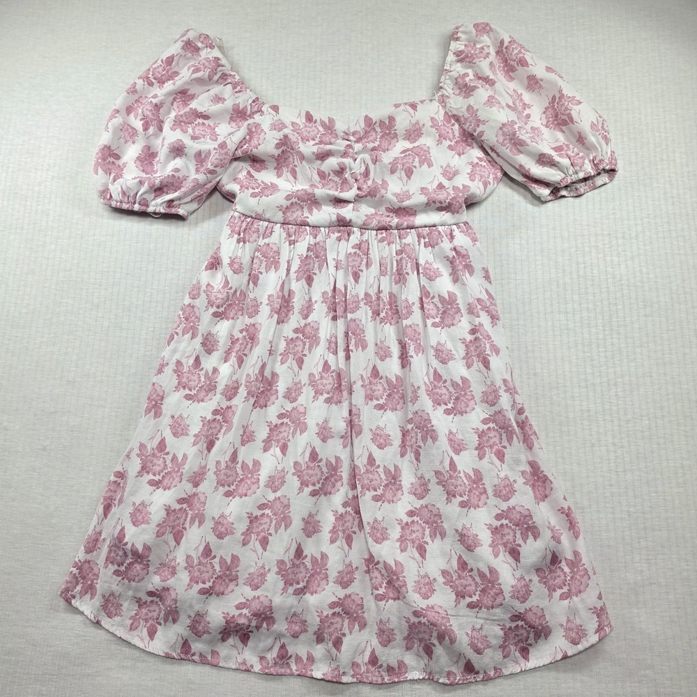 Willow Root White Pink Floral Puff Sleeve Tie Back Dress XS Cottagecore Coquette